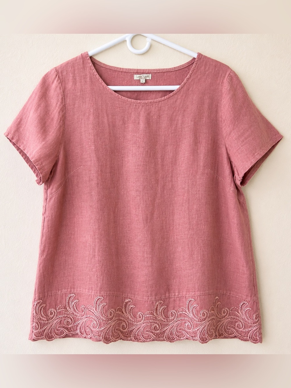 Lina Tomei Made in Italy 100% Linen Pink Embroidered Hem Top Size L